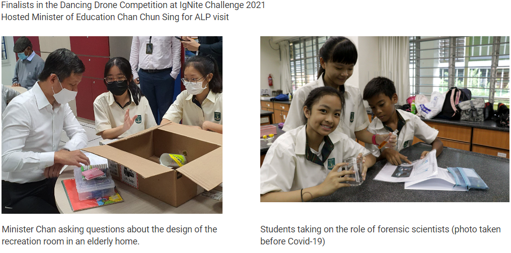 Two school photos: a minister with masked students examining a box, and three students doing forensic science work.